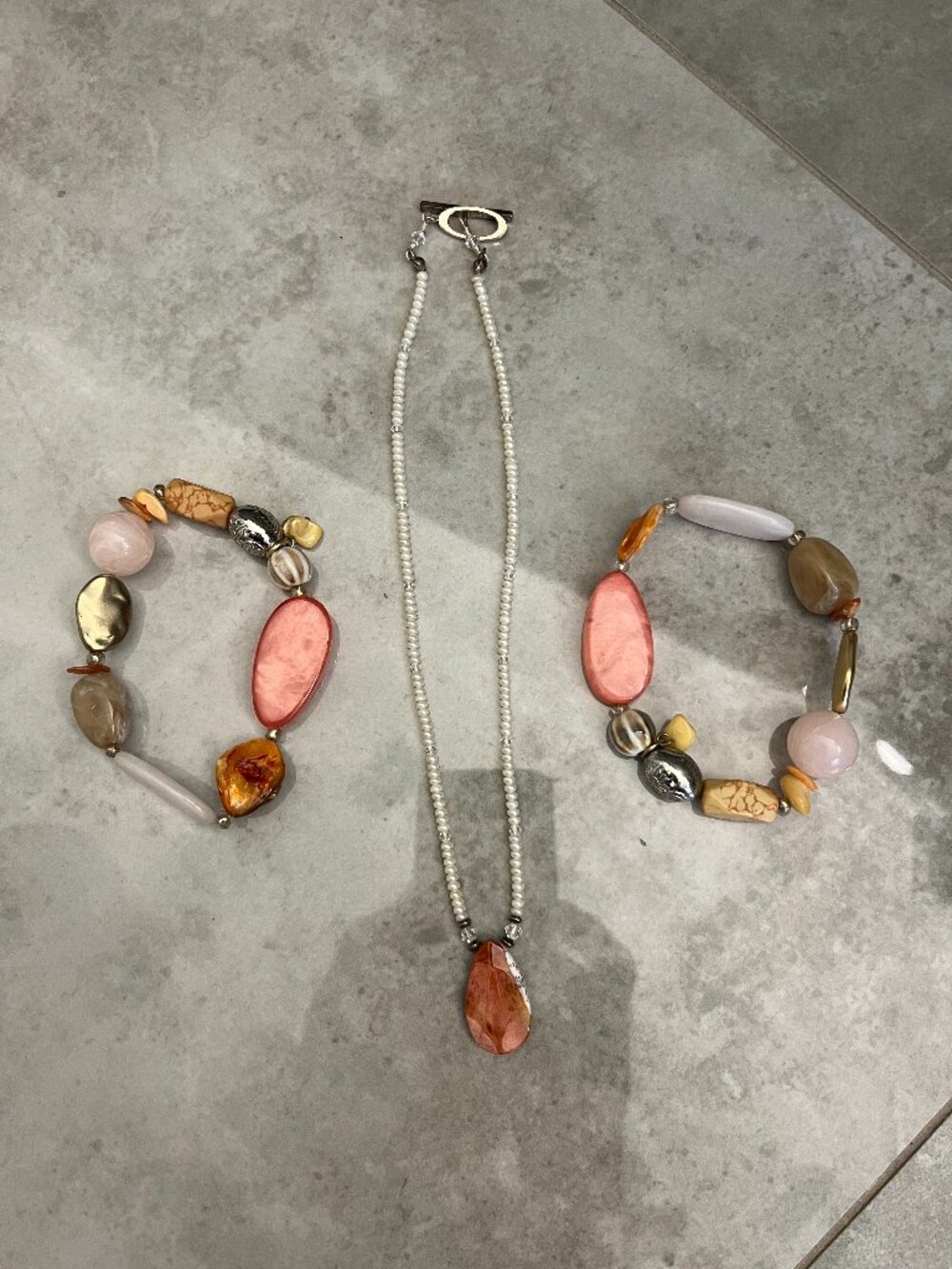 Stone and Pearl Necklace and Bracelets Set